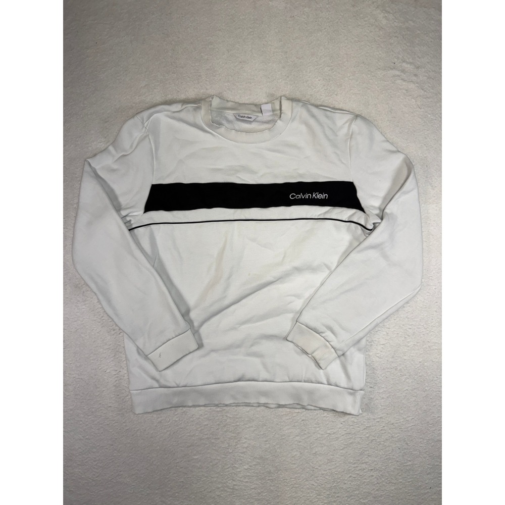 Calvin Klein Mens White Black Stripe Logo Crewneck Sweatshirt Large 100342